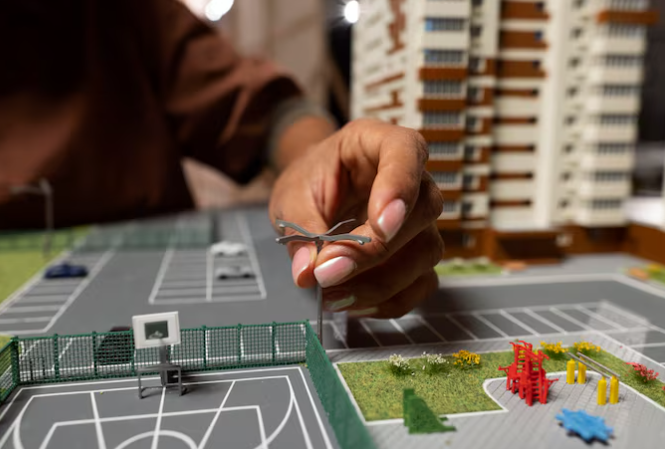 Planificación de urbanización en maqueta arquitectónica